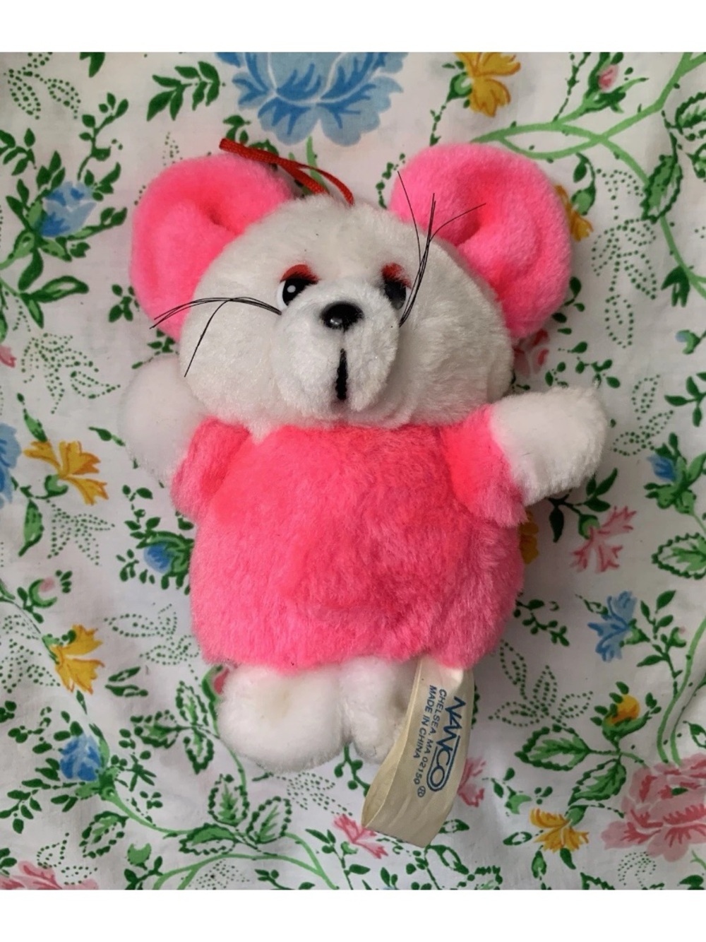 Vintage Nanco Mouse Plush 7” Bright Pink White Stuffed Animal